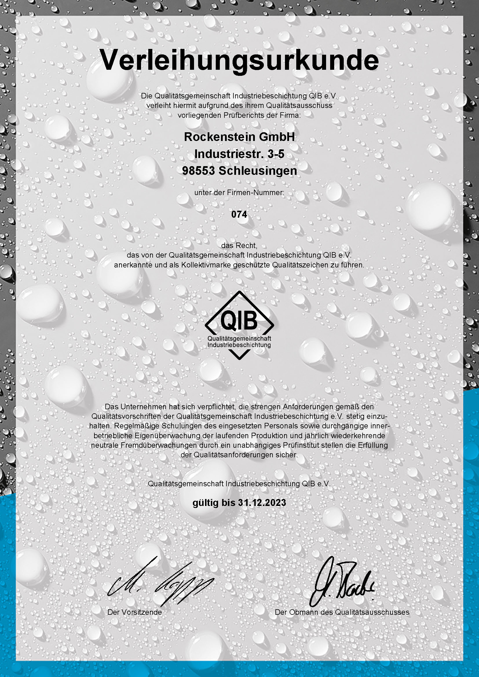 QIB Verleihungsurkunde für die Qualitätssicherung von Rockenstein